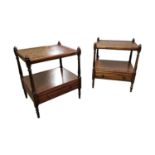 Pair of mahogany side tables with single drawer in the frieze raised on turned legs { 52cm H X