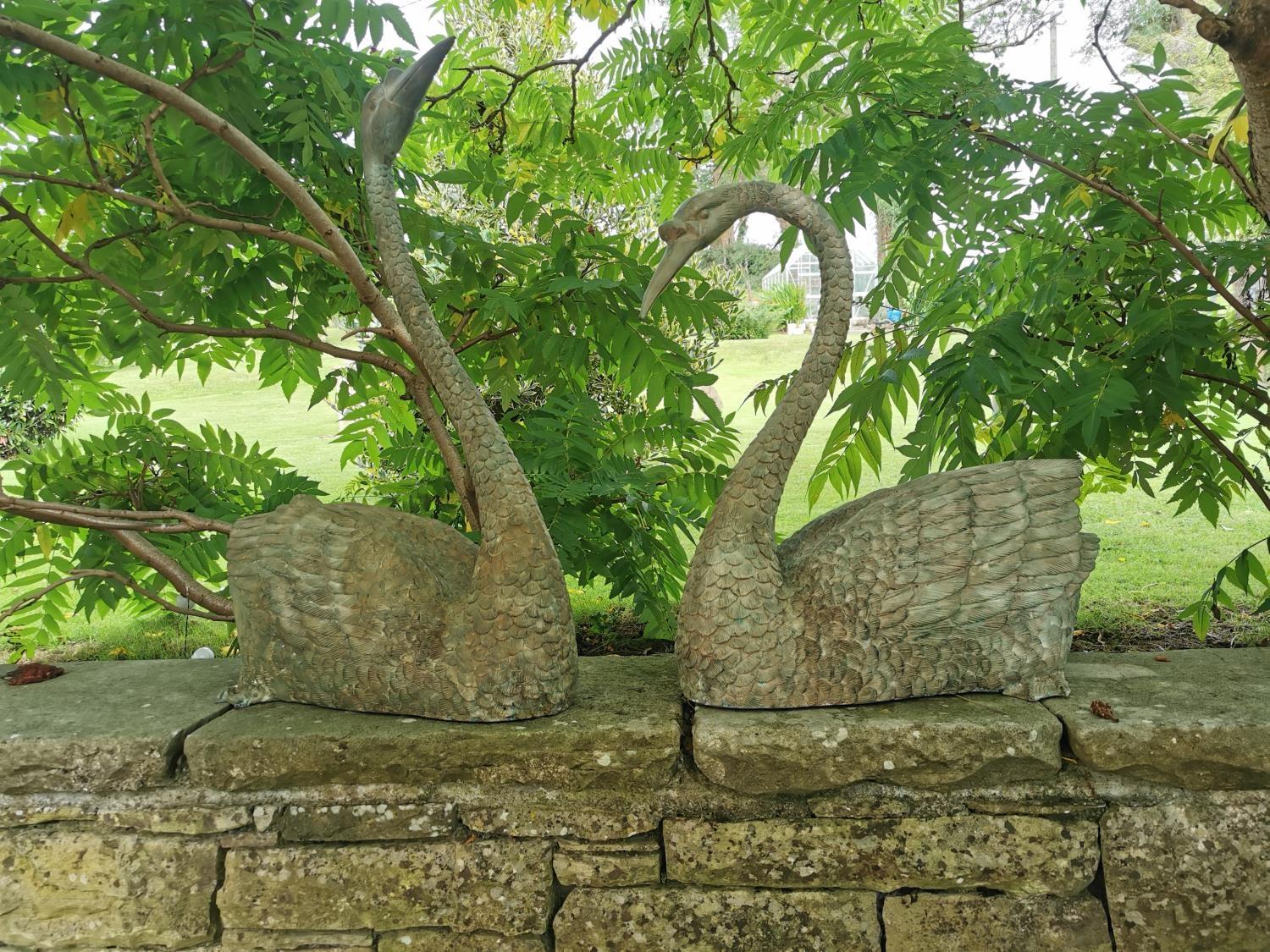 Set of exceptional quality bronze Swans - also can be used as water feature {90 cm H x 67 cm W x