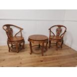 Three piece Oriental carved hardwood suite - Two armchairs { 80cm H X 64cm Sq } and a coffee table