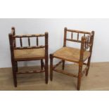 Pair of late 19th. C. oak bobbin corner chairs with rattan seats { 70cm H X 43cm Sq }.