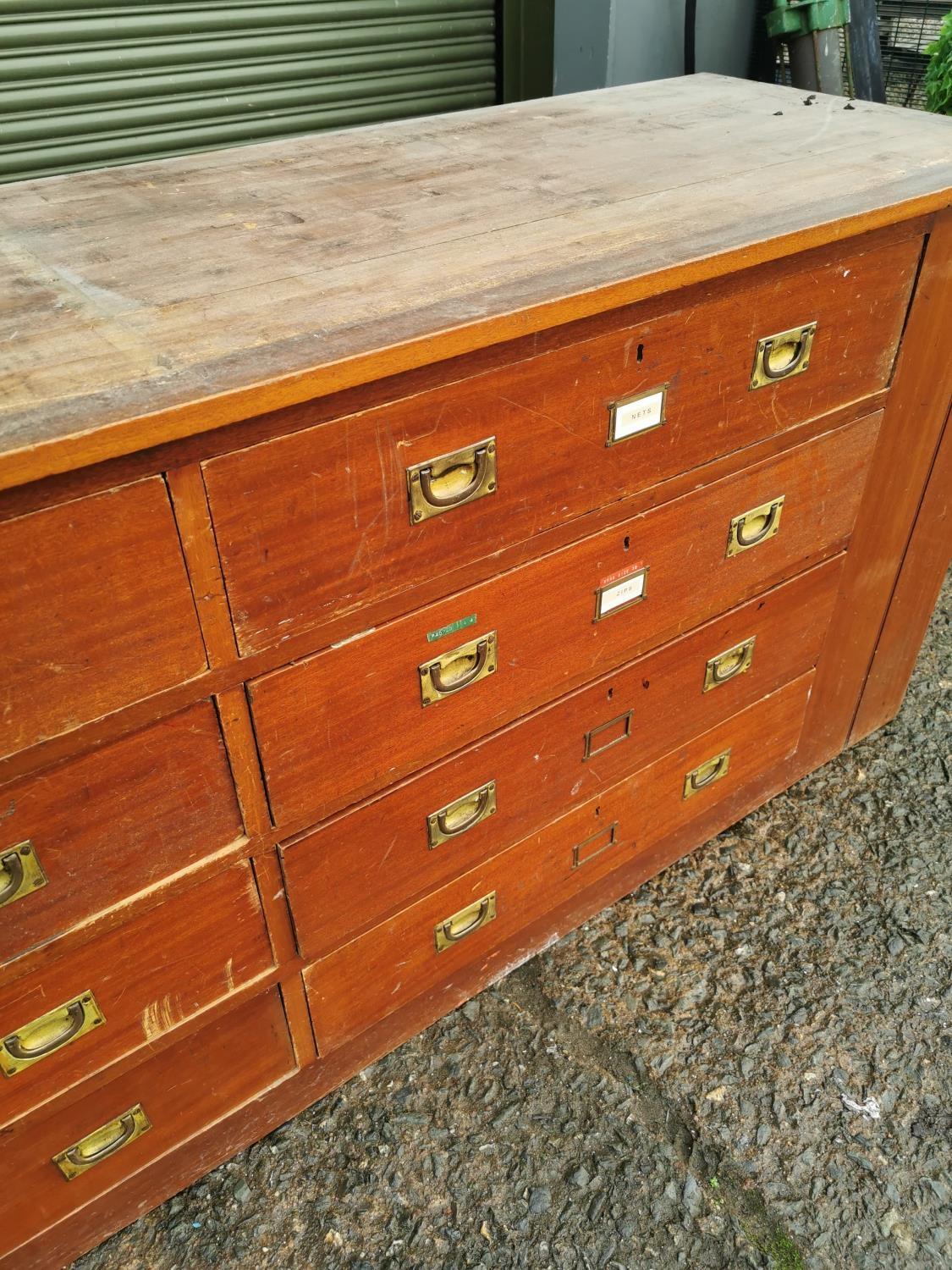 Early 20th C. mahogany haberdashery cabinet with eight drawers and brass handles {84 cm H x 194 cm W - Image 2 of 4