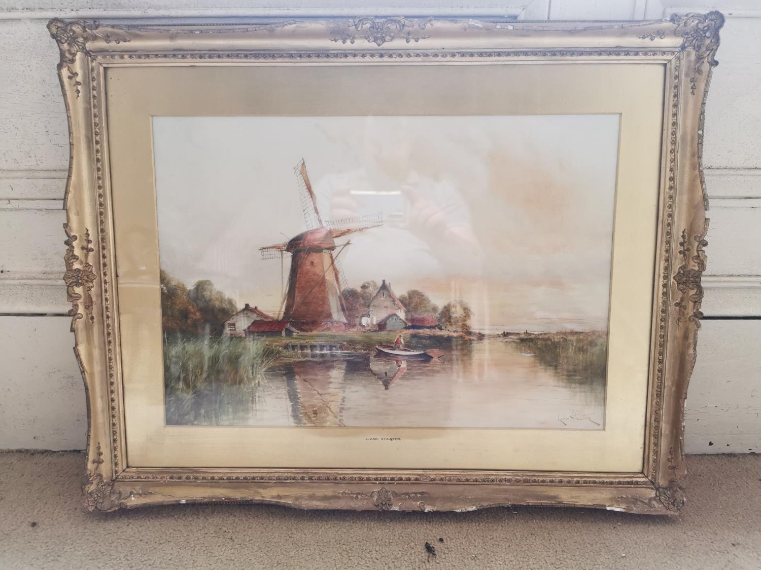 L. Van. Staaten 19th C. Dutch scene watercolour mounted in giltwood frame {62 cm H x 80 cm W}.