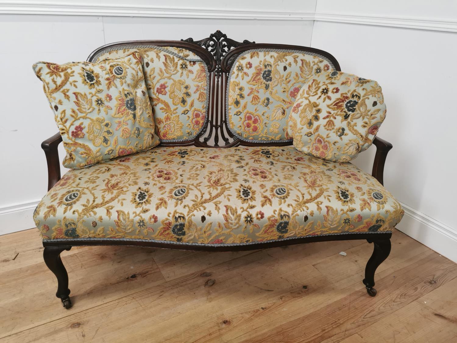 Edwardian upholstered mahogany two seater sofa raised on cabriole legs { 92cm H X 126cm W X 64cm - Image 5 of 5