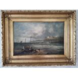 19th C. oil on canvas Stormy Harbour scene mounted in giltwood frame {77 cm H x 104 cm W}.