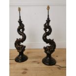 Pair of decorative cast iron lamp bases in the form of mytical fish. { 80cm H X 22cm Dia }.