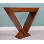 Walnut V - shaped console table with two short drawers in the frieze, in the Art Deco style { 80cm H