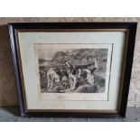 Two 19th. C. black and white framed prints - Dogs { 54cm H X 64cm W } & Biblical Scene { 70cm H X
