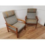 Pair of mid century Comford upholstered teak armchairs { 105cm H X 72cm W X 76cm D }.