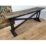 Good quality rustic painted oak kitchen island/side table with single plank top raised on trestle