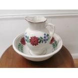 Early 20th. C. ceramic jug and basin set with brushwork decoration { Basin 33cm H X 34cm Dia }