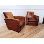 Pair of good quality 1940's French hand dyed tan leather upholstered club chairs { 82cm H X 77cm W X