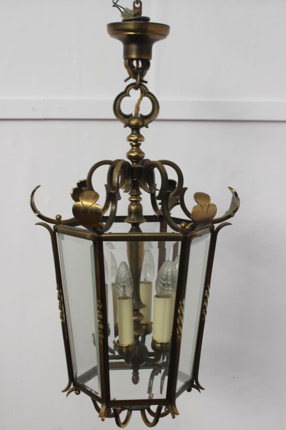 Decorative brass and glass hexagonal hall lantern { 78cm H X 30cm Dia }