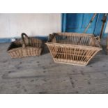 Two 19th. C. Wicker bread baskets { 43cm H X 74cm W X 33cm D & 35cm H X 52cm W X 46cm D }.