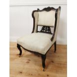 Edwardian upholstered carved mahogany Ladies wing backed chair raised on cabriole legs { 92cm H X