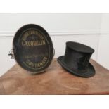 Early 20th C. Collapsable top hat in original box Grande Chapellerie Gauquelin {14cm H x 22cm W x