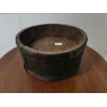 19th. C. pine metal bound cheese press. { 15cm H X 30cm Dia }.