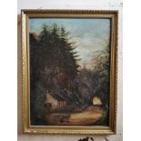 19th C. oil on canvas Blacksmith by the Forest Walk. {67 cm H x 53 cm W}