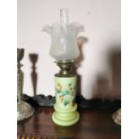 19th C. painted glass oil lamp with tulip etched shade {57 cm H x 15 cm Dia.}.