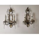 Pair of metal and cut glass wall sconces {45cm H x 25cm W x 15cm D}