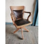 1930's mahogany swivel office chair with leather upholstered inset seat { 92cm H X 60cm W X 51cm
