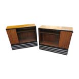 Pair of Art Deco walnut and ebony side cabinets decorated with aluminium strips, the single frieze