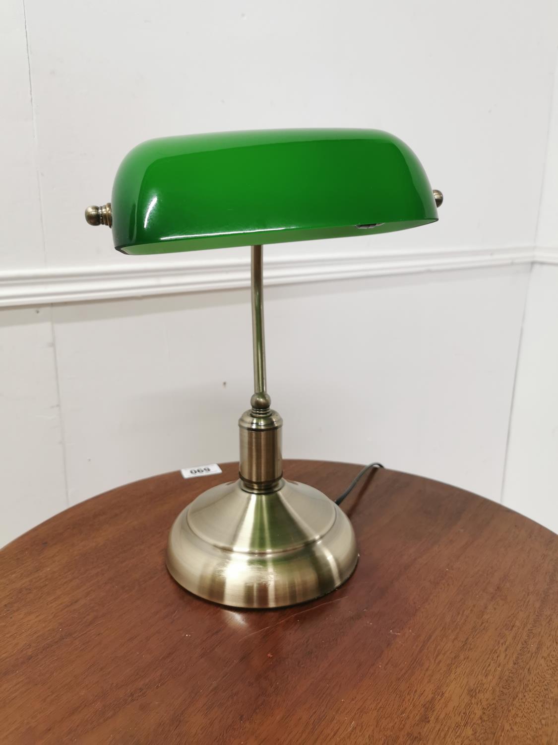 Banker's chrome desk lamp with green glass shade { 32cm H X 26cm W X 15cm D }.