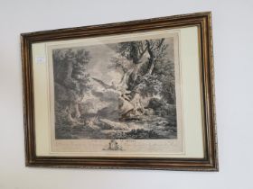 19th C. Mythical Scene framed black and white print. { 43 cm H x 59 cm W}.