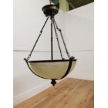 Pair of brass hanging ceiling lights with milk glass shades in the Victorian style { 107cm H X