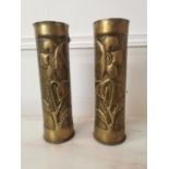 Pair of Trench Art brass shells decorated with flowers in the Art Nouveau style { 28cm H X 18cm