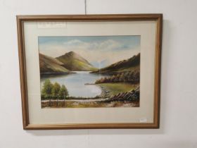 W. Hall Mountain Lake Scene framed Oil on Board {56cm H x 59cm W}