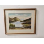 W. Hall Mountain Lake Scene framed Oil on Board {56cm H x 59cm W}