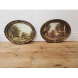 Pair of Farmyard scene coloured prints mounted in oval giltwood frames { 38cm H X 48cm W }.