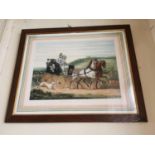 19th. C. Coaching Scene coloured print mounted in a oak frame { 72cm H X 85cm W }