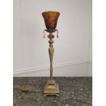 Decorative gilded metal table lamp with amber glass shade { 64cm H X 13cm Sq. }.