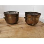 Pair of 19th. C. hand beaten brass log buckets { 28cm H X 38cm Dia }.