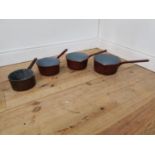 Set four 1950's enamel saucepans. Largest {17 cm H x 25 cm W x 45 cm D} and smallest {13 cm W x 19