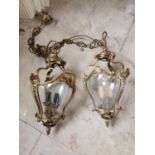 Pair of decorative brass and glass hanging lanterns { 70cm H X 25cm Dia }.