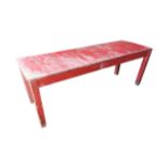 Painted pine kitchen table raised on square legs { 77cm H X 211cm W X 72cm D }.