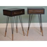 Pair of metal industrial style bed side tables with single drawer in the frieze raised on tapered