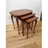 1950's nest of three burr walnut tables {53 cm H x 53 cm W x 40 cm D}.