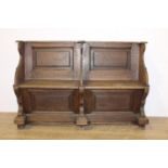 19th. C. oak two seater bench with lift up seats { 94cm H X 139cm W X 43cm D }.