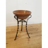 Early 20th C. glazed terracotta bowl on wrought iron stand. {55 cm H x 42 cm Diam}.