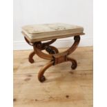 Good quality mahogany piano stool with tapestry upholstered seat raised on lyre shaped supports {