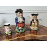 19th. C. ceramic toby jug and two later toby jugs { 23cm H, 18cm H & 10cm H }.