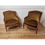 Pair of early 20th. C. French velvet upholstered armchairs { 89cm H X 74cm W X 70cm D }.