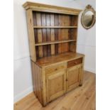 19th C. Irish pine kitchen dresser with open shelves above two drawers and two blind doors {197 cm H