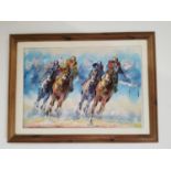 A Venie The Horse Race framed Oil on Board { 58cm H X 77cm W }.