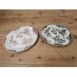 Two 1st Period Belleek rose pattern platters with a brown stamp and a green stamp. {46cm W X 37cm