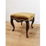 19th C. carved mahogany and upholstered foot stool raised on cabriole legs {45 cm H x 46 cm W x 46