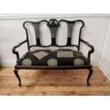 Edwardian carved mahogany two seater sofa with upholstered seat raised on cabriole legs { 95cm H X